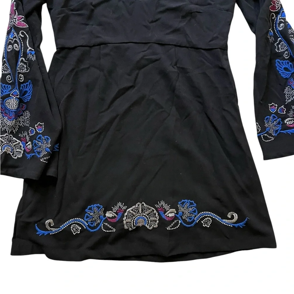 Free People Holiday Folk Dress Women's 10 Embroidered Bell Sleeve Black Boho NWT